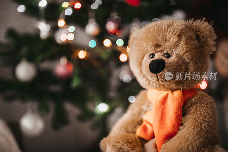 小熊在圣诞树前玩玩具