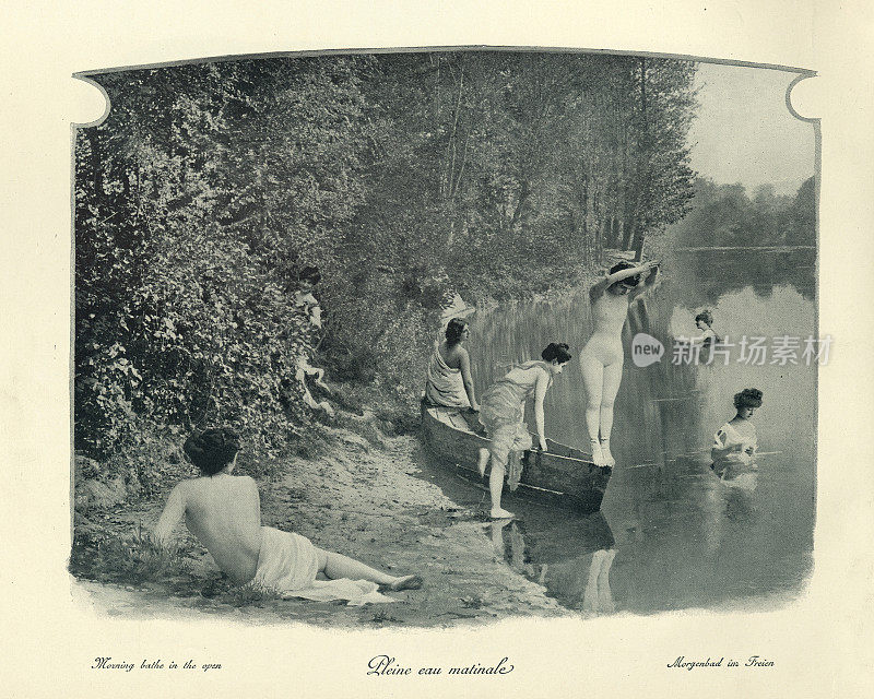 在河里游泳的女人，维多利亚时代的古董照片19世纪