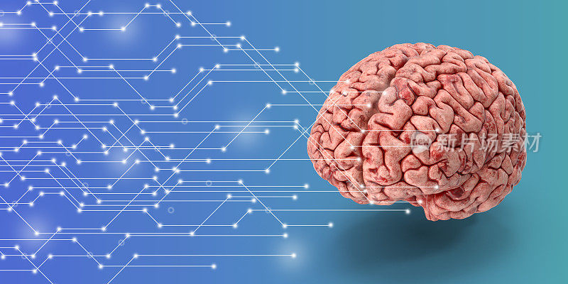 高科技蓝色背景下的人脑医学符号图像。