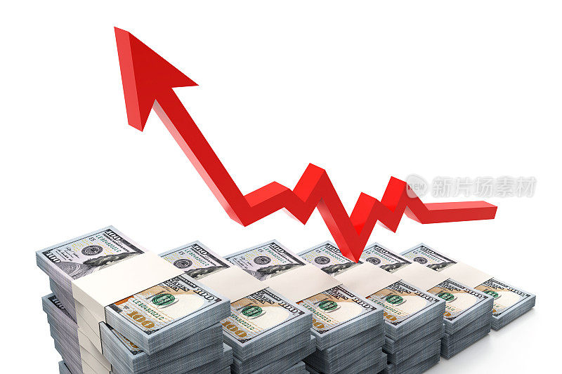 美元堆栈和红色箭头向上移动在图形背景股票照片