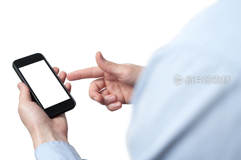 特写手触摸智能手机屏幕隔离上的白色，模拟手机手机空白屏幕轻松调整与剪切路径