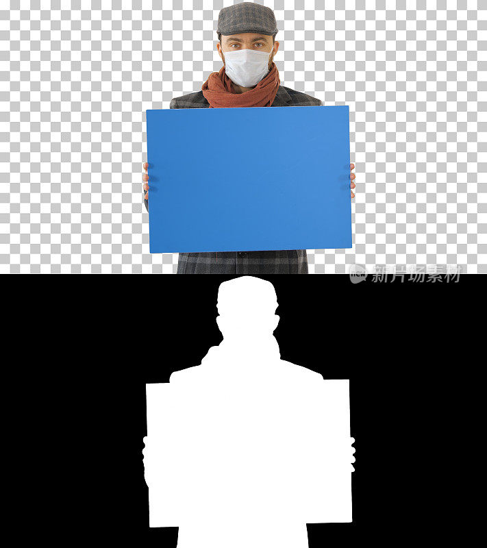 一个穿着时髦衣服带着医用面具的男人，拿着空白标牌，阿尔法频道