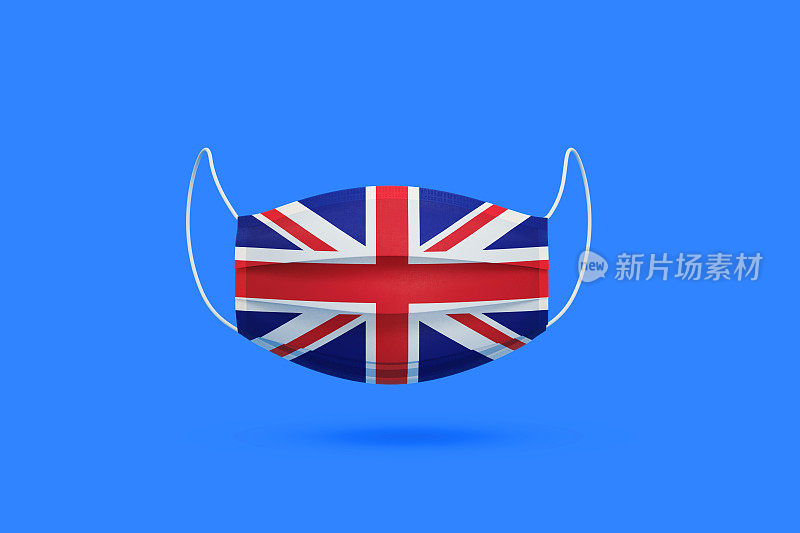 外科口罩纹理与英国国旗在蓝色背景