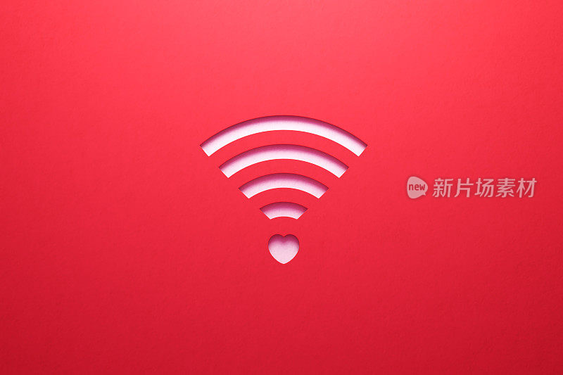 网上约会和消息概念-白色Wi-Fi符号，类似一个心形坐在红色的背景