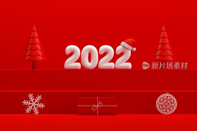 2022年圣诞新年概念，红色背景，楼梯站讲台