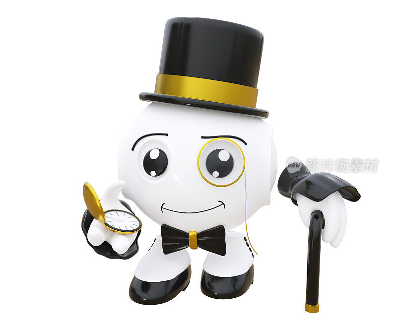 机器人表情符号，一个戴着大礼帽，拄着拐杖，戴着金表的有钱人。