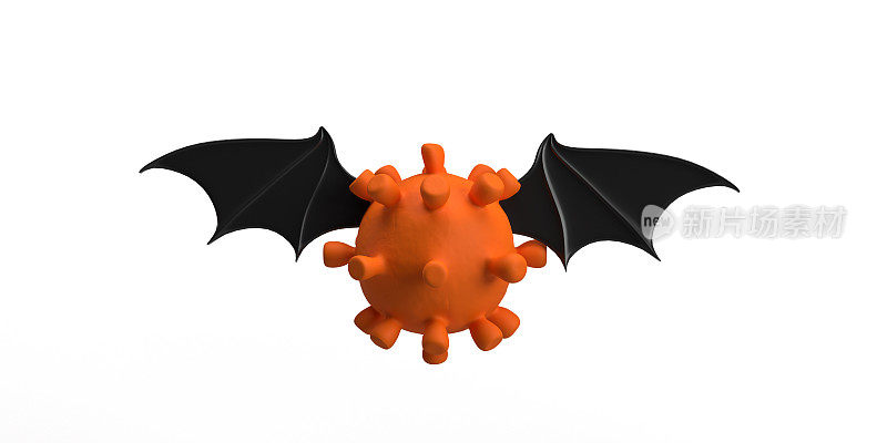 橙色的新冠病毒细胞与蝙蝠的翅膀飞翔