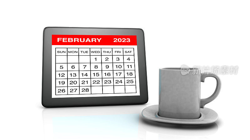 平板电脑和咖啡杯上的2023年2月日历
