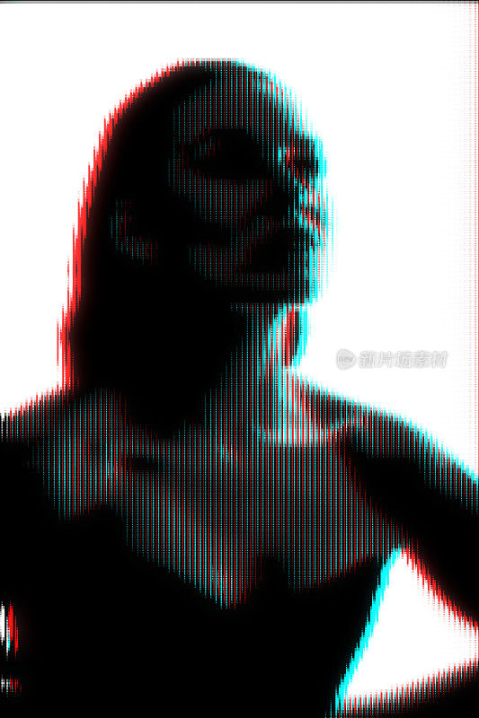 女子肖像插图在半色调黑白和RGB彩色分割电视屏幕像素图案