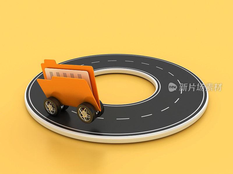 圆形3D道路与计算机文件夹上的车轮