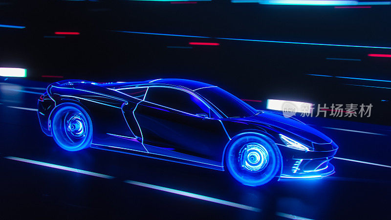 3D汽车模型:跑车高速行驶的详细轮廓，赛车通过隧道进入光。蓝线制成的超级跑车在高速公路上快速行驶。VFX特效图像。