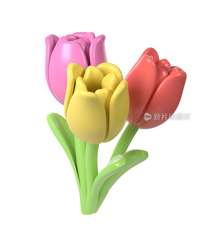 3d郁金香花束在卡通风格装饰春天。爱情人节浪漫设计母亲节，妇女节，孤立的白色背景插图