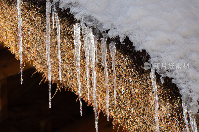 冬末，屋檐上的冰柱正在融化。解冻和冰融化。水滴从屋顶上缓缓落下。模糊的背景和散景。