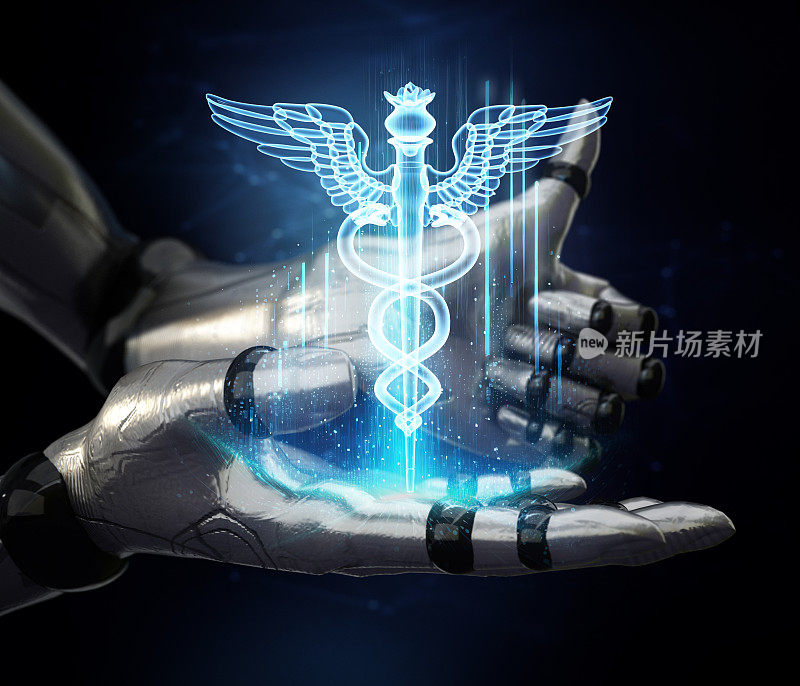蓝色的墨丘利斯全息图漂浮在机械手上，而另一只手做大拇指向上的手势。网络医学概念
