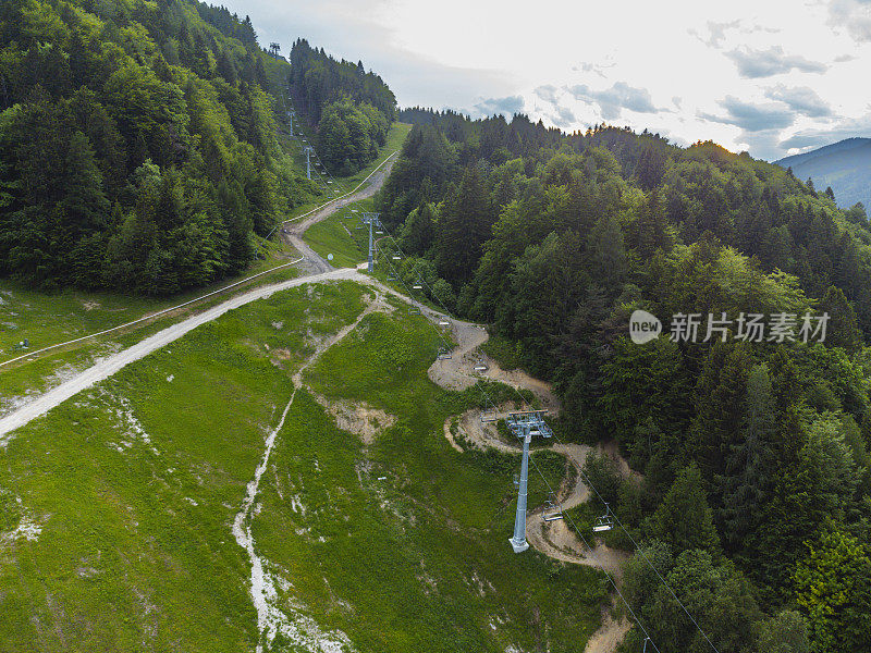 鸟瞰图:蜿蜒的小路穿过郁郁葱葱的绿色森林景观和滑雪缆车。地点:斯洛文尼亚的克拉尼斯卡戈拉