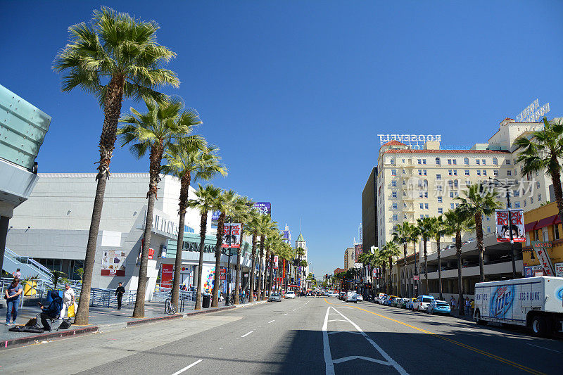 加州洛杉矶好莱坞大道街景。好莱坞星光大道。