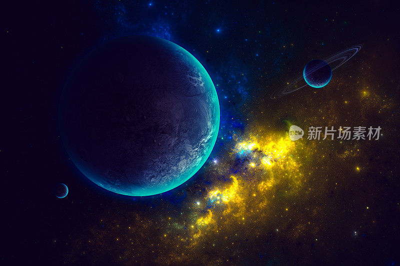 数字生成的空间场景与行星和星云