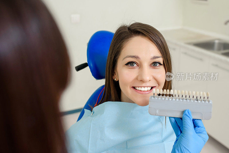 牙医正在根据病人牙齿的颜色表检查牙齿的颜色