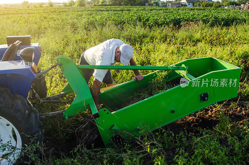 一个农民正在检查一台挖掉马铃薯根茎类蔬菜的机器。设备的开发和维护。农业农业和农田。秋天收获土豆。