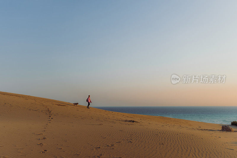 在土耳其，一个带着狗的女人在海边的沙丘上凝视着风景优美的日落