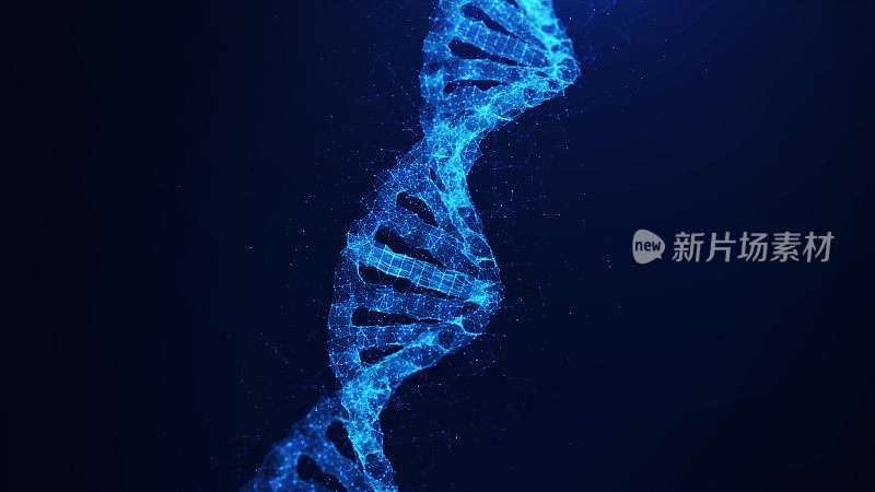 DNA遗传建模技术概念。螺旋互连多边形在深蓝色背景