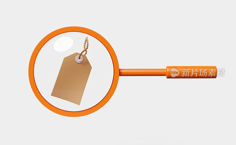 橙色放大镜与价格标签隔离在白色背景，最小的网络搜索引擎或网页浏览概念，3d插图或3d渲染