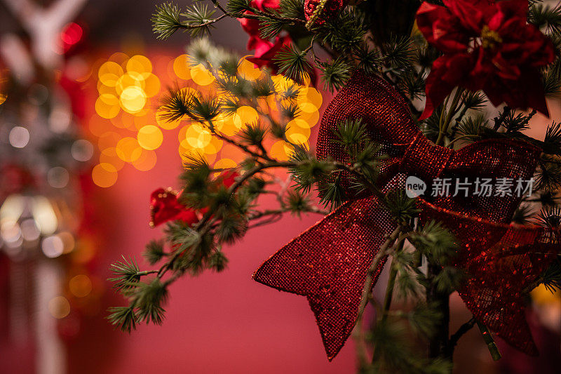 松枝与圣诞装饰红丝带和灯