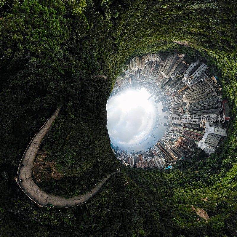 360度全景鸟瞰香港城市景观。交通和旅行概念。
