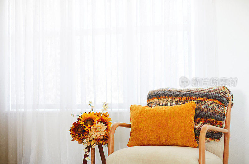明亮的现代家居的客厅里的扶手椅和垫子和毯子。