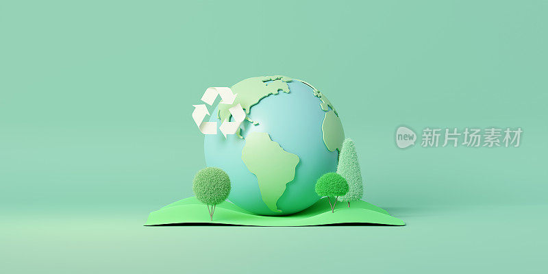 三维地球与回收符号。世界环境和地球日的概念。模型设计的最小场景。3D渲染插图。