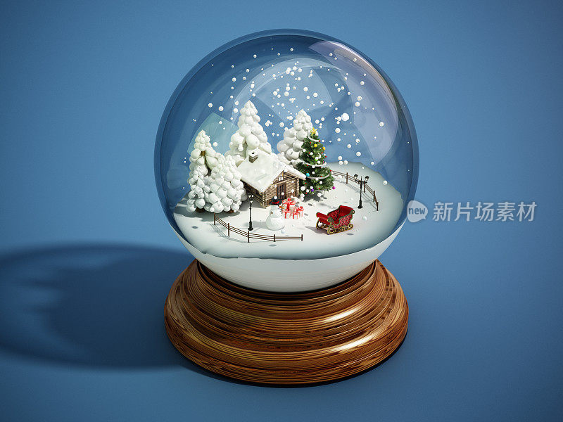 雪花玻璃球，有木柜、树、礼品盒、雪人和圣诞老人的雪橇。圣诞节和新年的概念