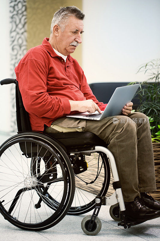 残疾人老人坐在轮椅上浏览笔记本电脑