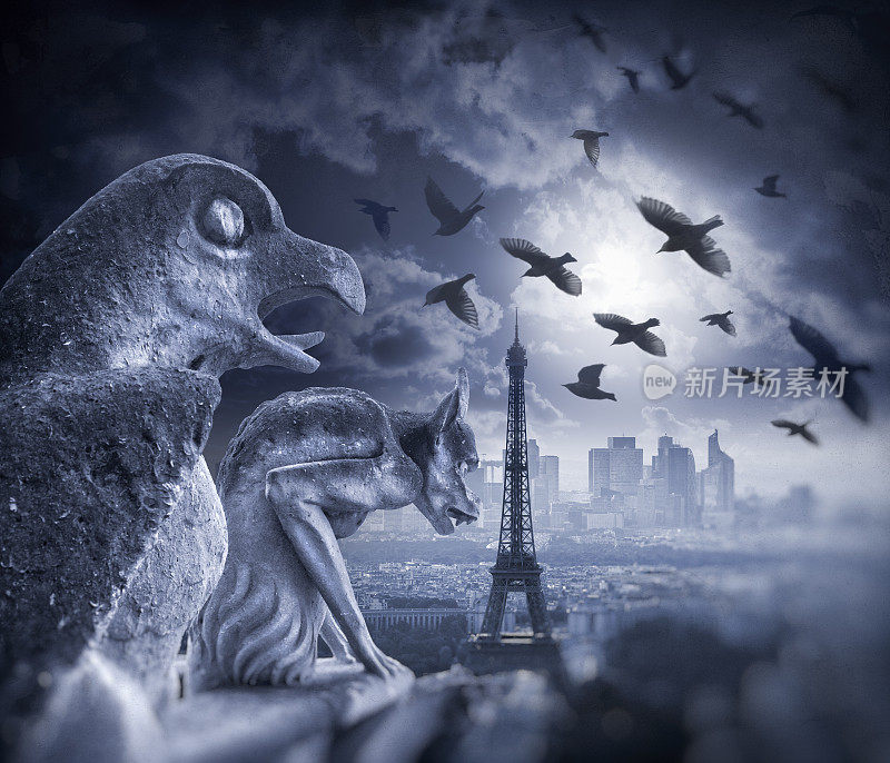 巴黎圣母院和埃菲尔铁塔夜景中的滴水嘴兽