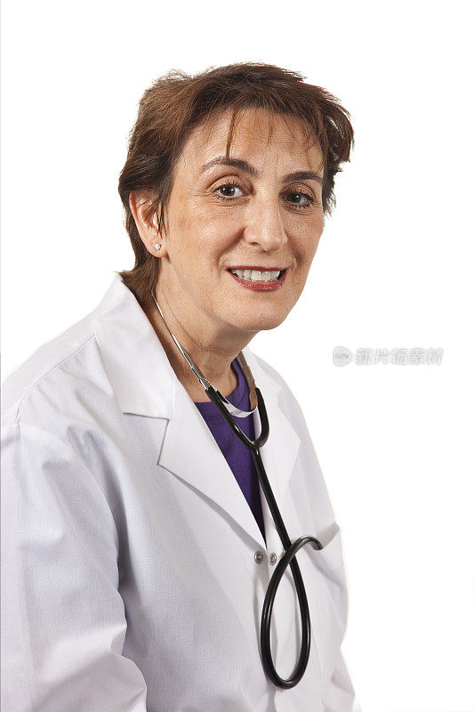 微笑的女医生画像，听诊器绕在脖子上