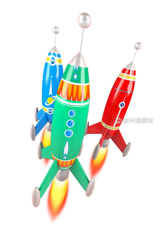 三枚金属彩色火箭，在天空中飞翔