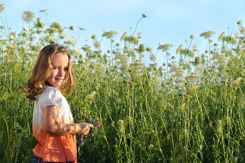 年轻女孩站在夏日的野花地里