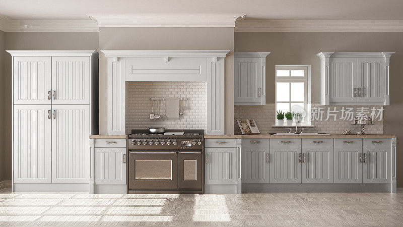 经典的厨房，斯堪的纳维亚简约的室内设计与木制细节
