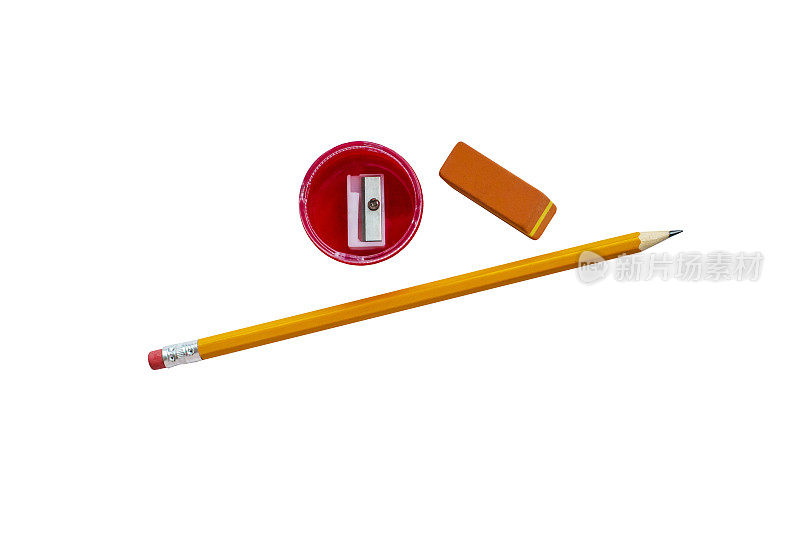 文具:铅笔，橡皮擦，卷笔刀白色背景