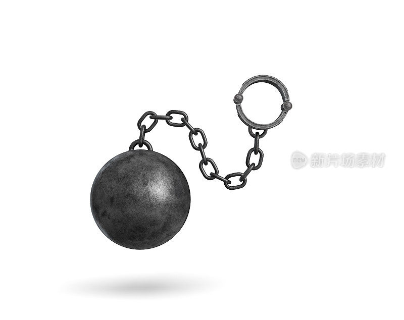 一个黑色的铁球和链与袖口挂在白色的背景的3d渲染