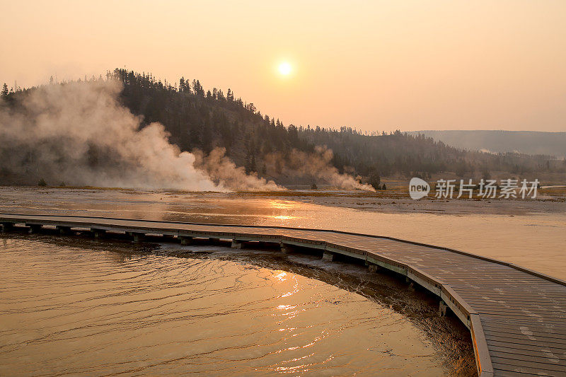 中途间歇泉盆地早晨太阳在水中反射，木板路，黄石国家公园，WY