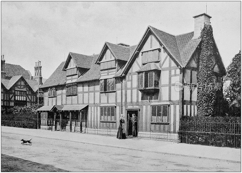 英格兰和威尔士的古老黑白照片:莎士比亚故居，埃文河畔斯特拉特福