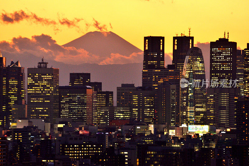 富士山和东京的天际线:白天和黑夜