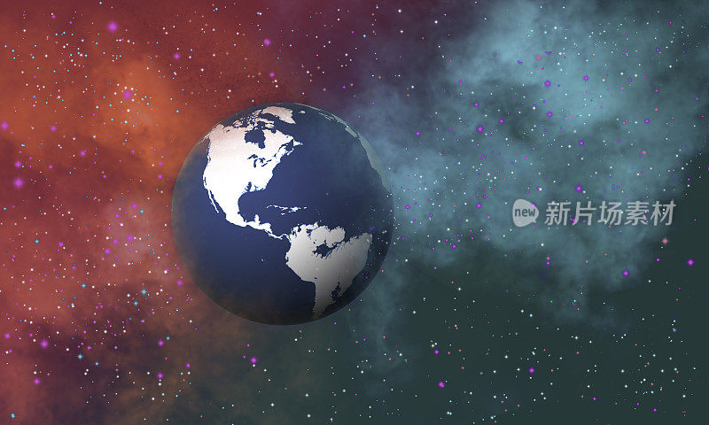 行星地球与旋转的蓝绿色和洋红星云-科幻小说的背景