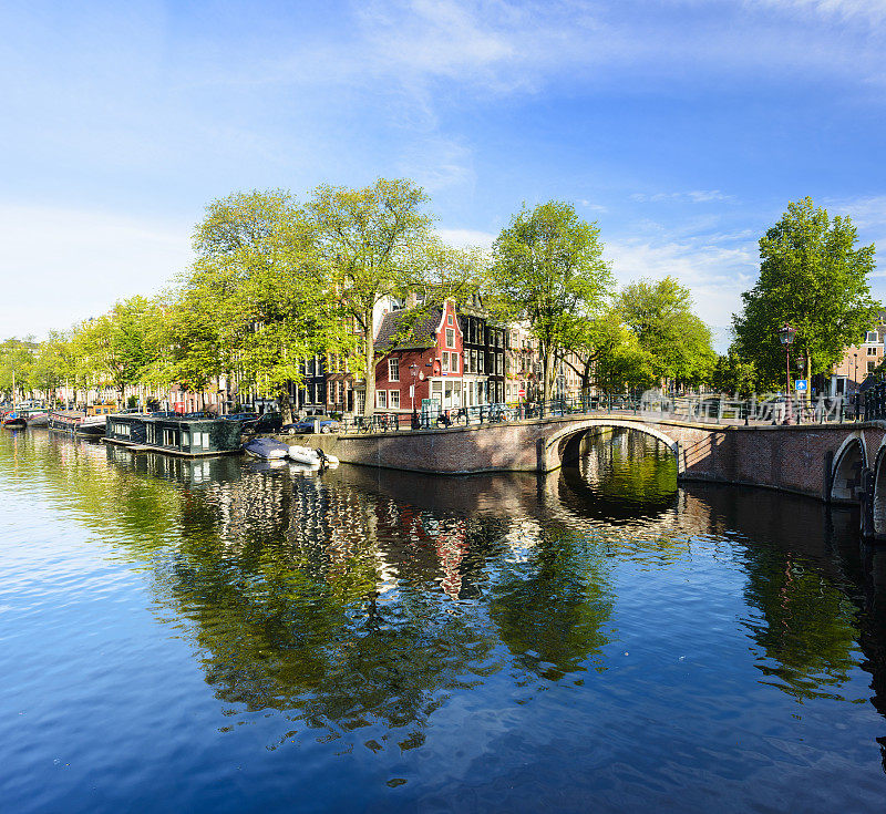 荷兰阿姆斯特丹的绿树成荫的桥梁和运河