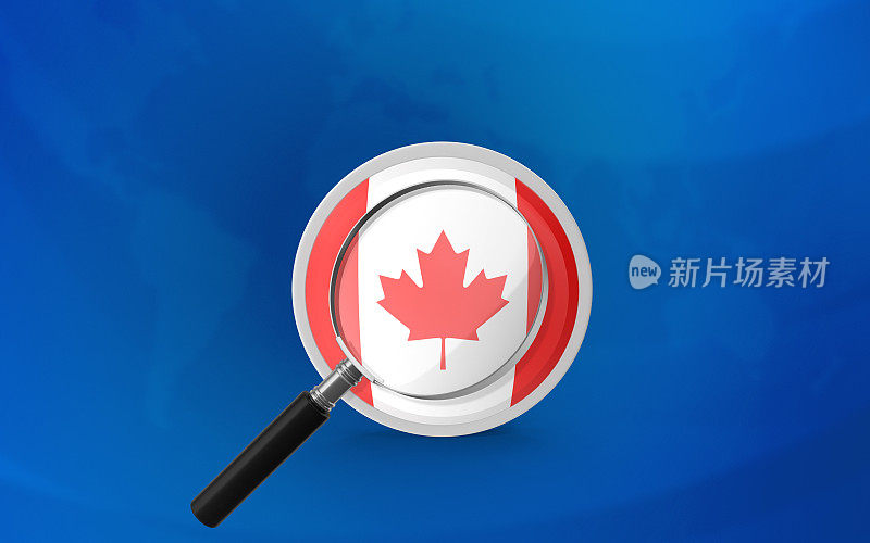 加拿大国旗徽章背后的放大镜对世界地图的背景