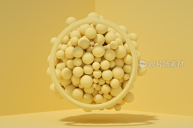 3D抽象飞球与框架在黄色背景