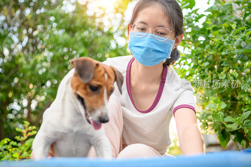 亚洲青少年戴着防护口罩，以防止冠状病毒(全球突发卫生事件Covid-19)的传播，并与玩耍的宠物玩耍
