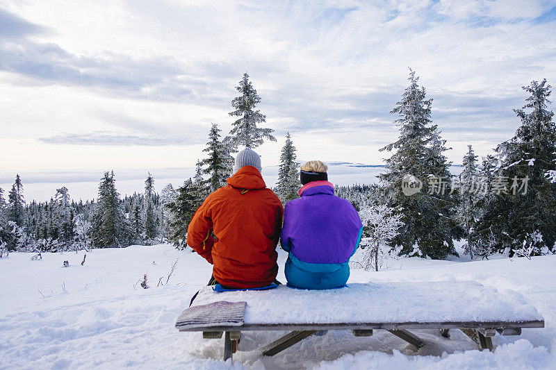 一对年轻夫妇坐下来欣赏冬天的风景