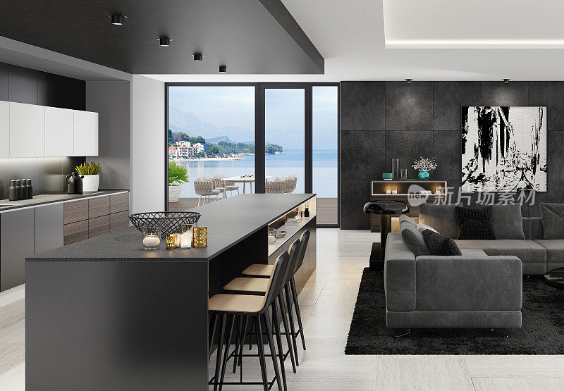 豪华的黑色室内客厅与现代极简主义意大利风格的开放式空间厨房与大长厨房岛。