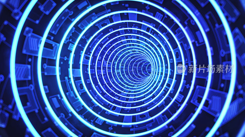 发光的蓝色虚拟现实人工隧道设计与减少的视角和电路板